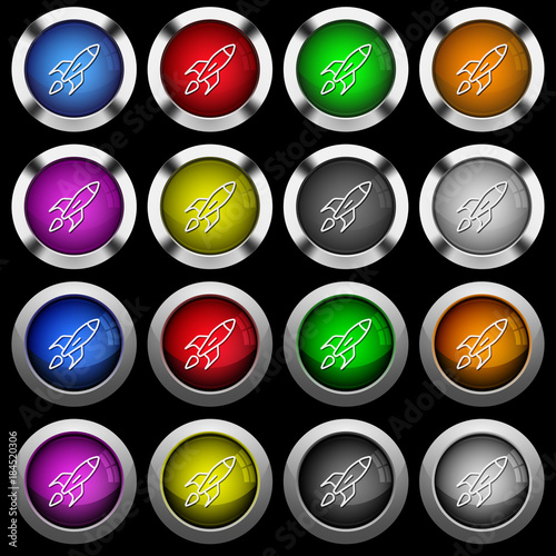 Launched rocket white icons in round glossy buttons on black background