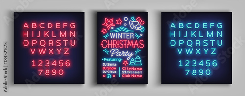 Christmas party invitation, brochure, poster. Merry Christmas, festive card in neon style. Postcard, flyer, bright sacred banner, neon advertising for your holiday projects. Editing text neon sign
