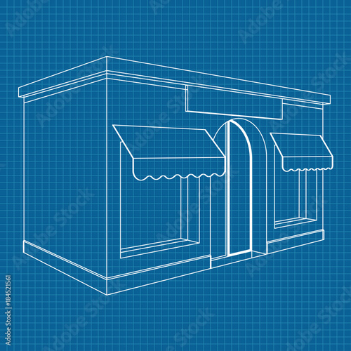 Store front. White outline drawing on blueprint background