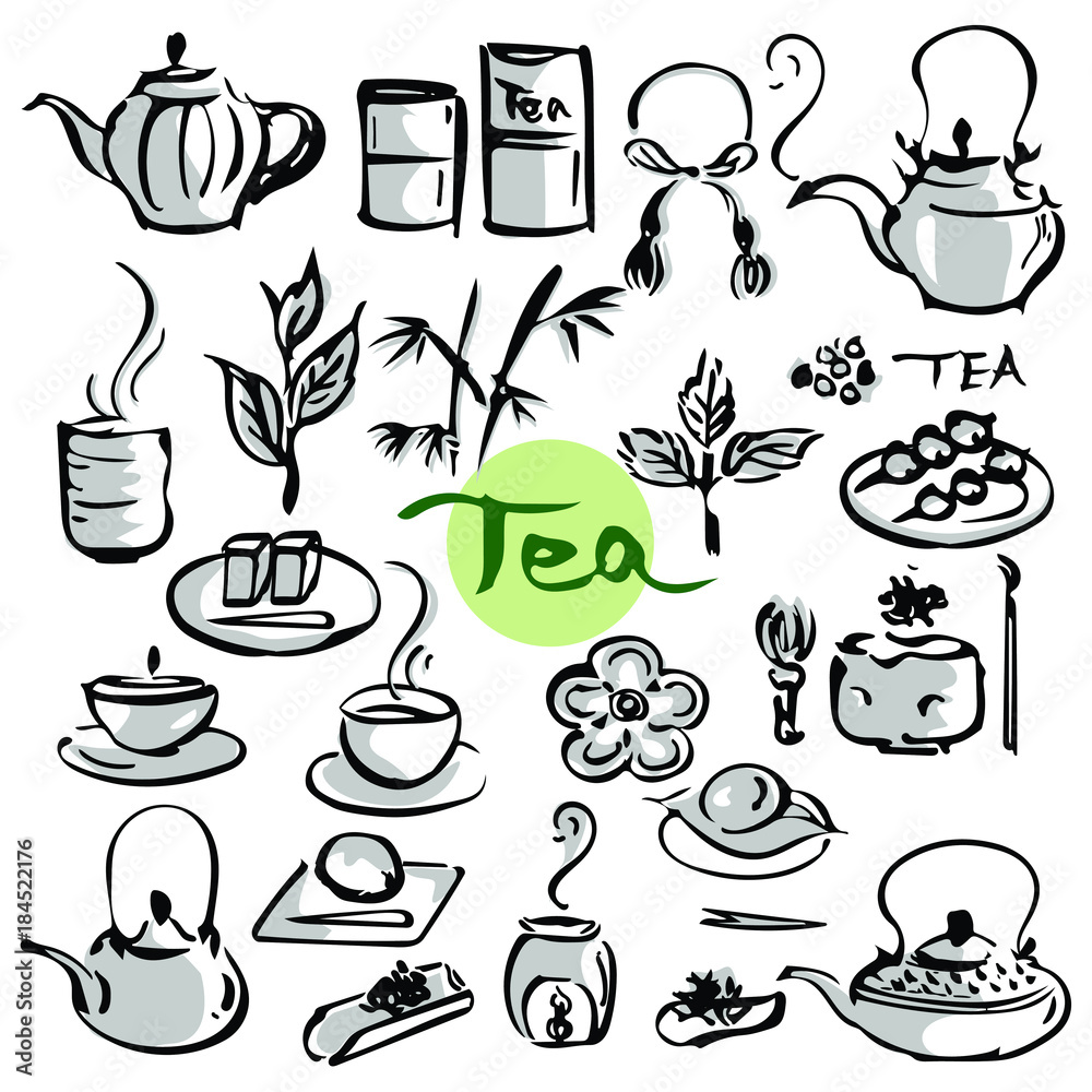 日本茶のモノクロイラスト Stock Vector Adobe Stock