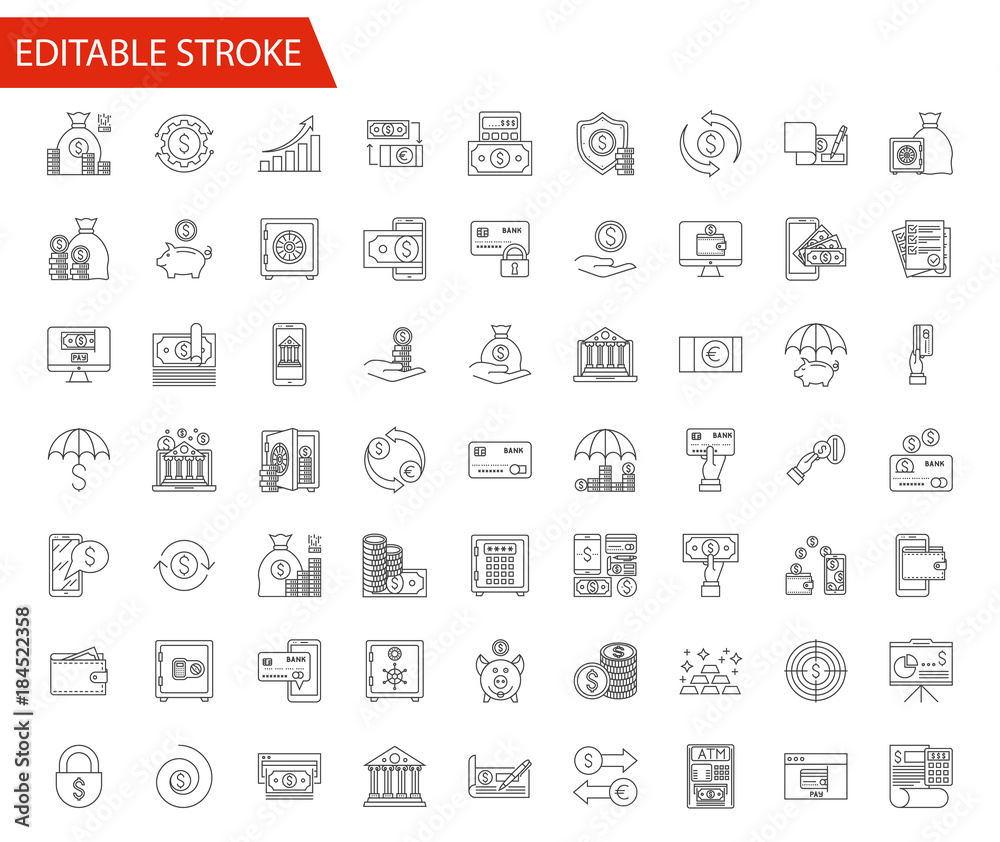 Banking Vector Icon Set. Thin Line Vector Illustration. Adjust stroke weight - Expand to any Size - Easy Change Colour - Editable Stroke - Pixel Perfect Banking Vector Icon Set. Thin Line Vector Illustration. Adjust stroke weight - Expand to any Size - Easy Change Colour - Editable Stroke - Pixel Perfect