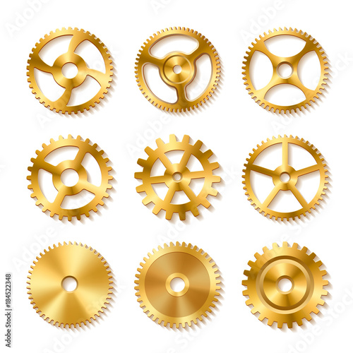 Set of realistic golden gears
