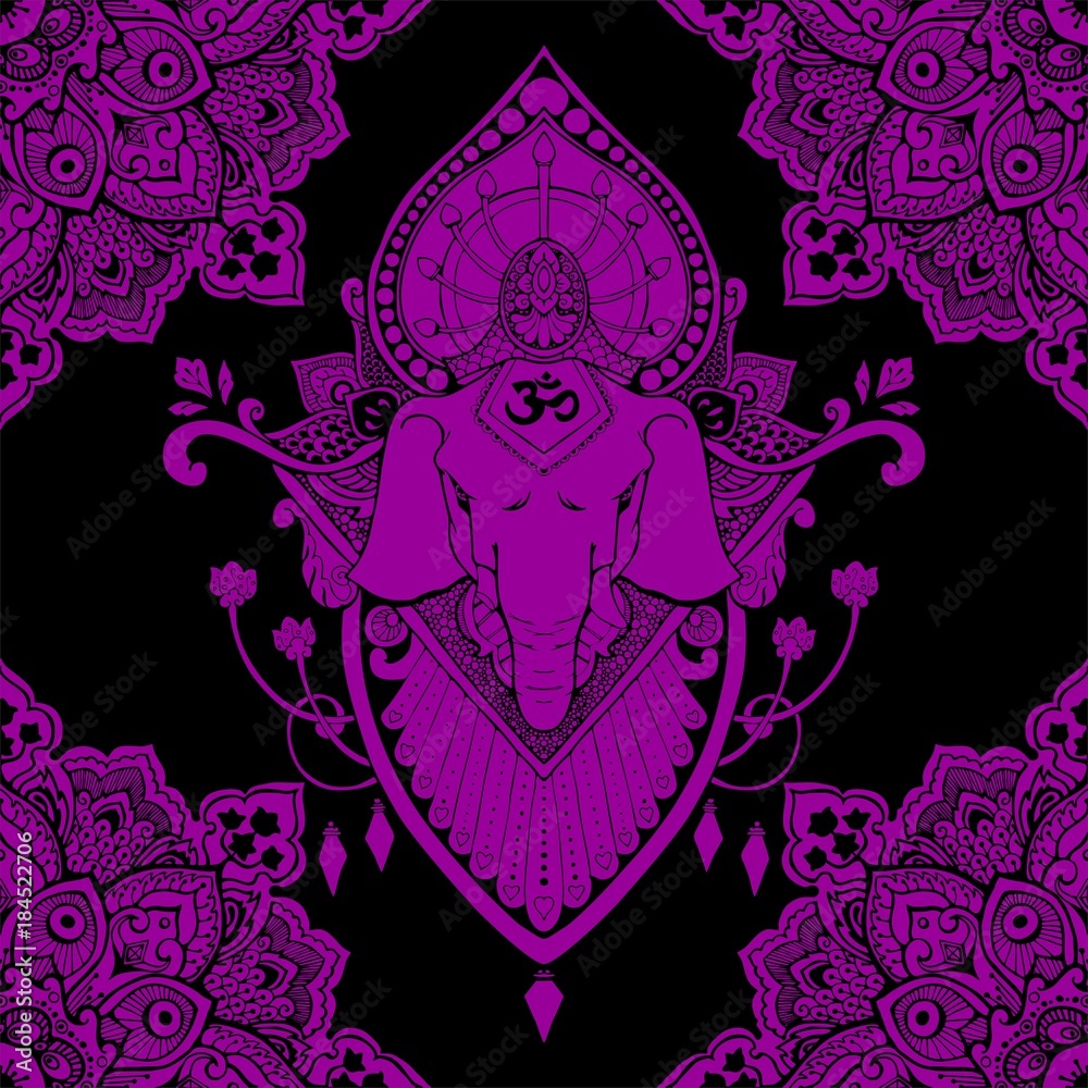 Ganesha (God of success) mandala oriental drawing tattoo illustration vector seamless pattern with violet and black tone