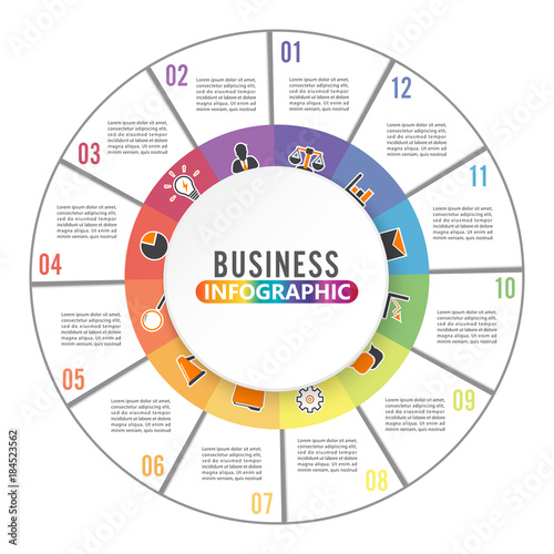 Circle chart infographic template with 12 options for presentations, advertising, layouts, annual reports