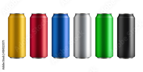 set of six different colored insulated aluminum cans with a drink