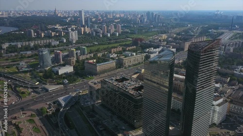 sunny moscow poklonnaya hill park square traffic avenue cityscape aerial panorama 4k russia
