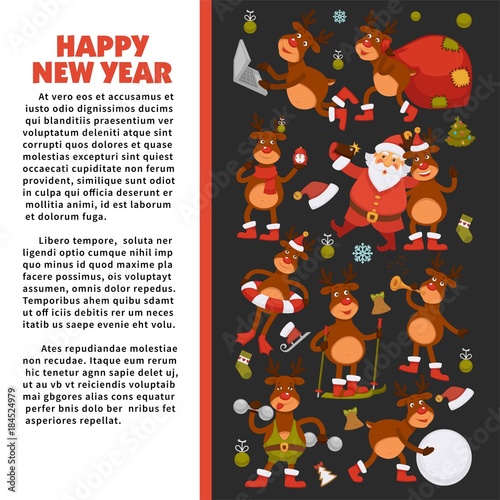Merry Christmas and Happy New Year 2018 vector poster of deer or reindeer cartoon funny character celebrating holidays.