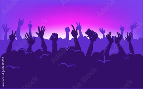 Human silhouettes in massive crowd with raised hands that hold modern devices in colorful neon spotlights at concert cartoon flat vector illustration