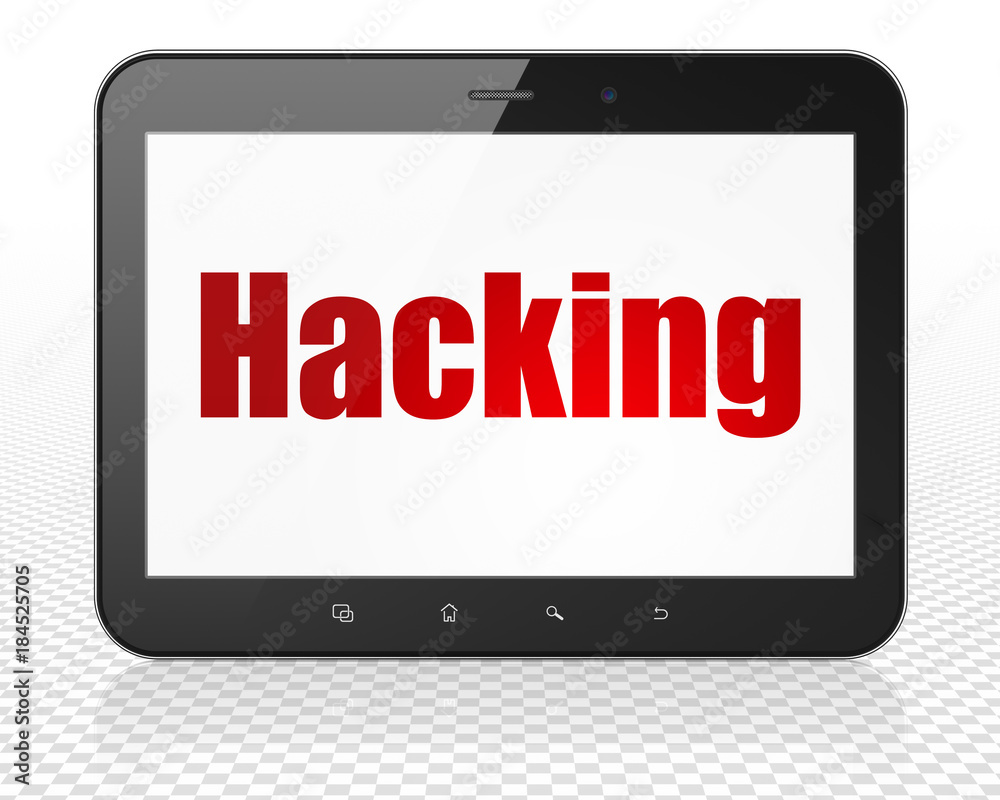 Protection concept: Tablet Pc Computer with red text Hacking on display, 3D rendering Protection concept: Tablet Pc Computer with red text Hacking on display, 3D rendering