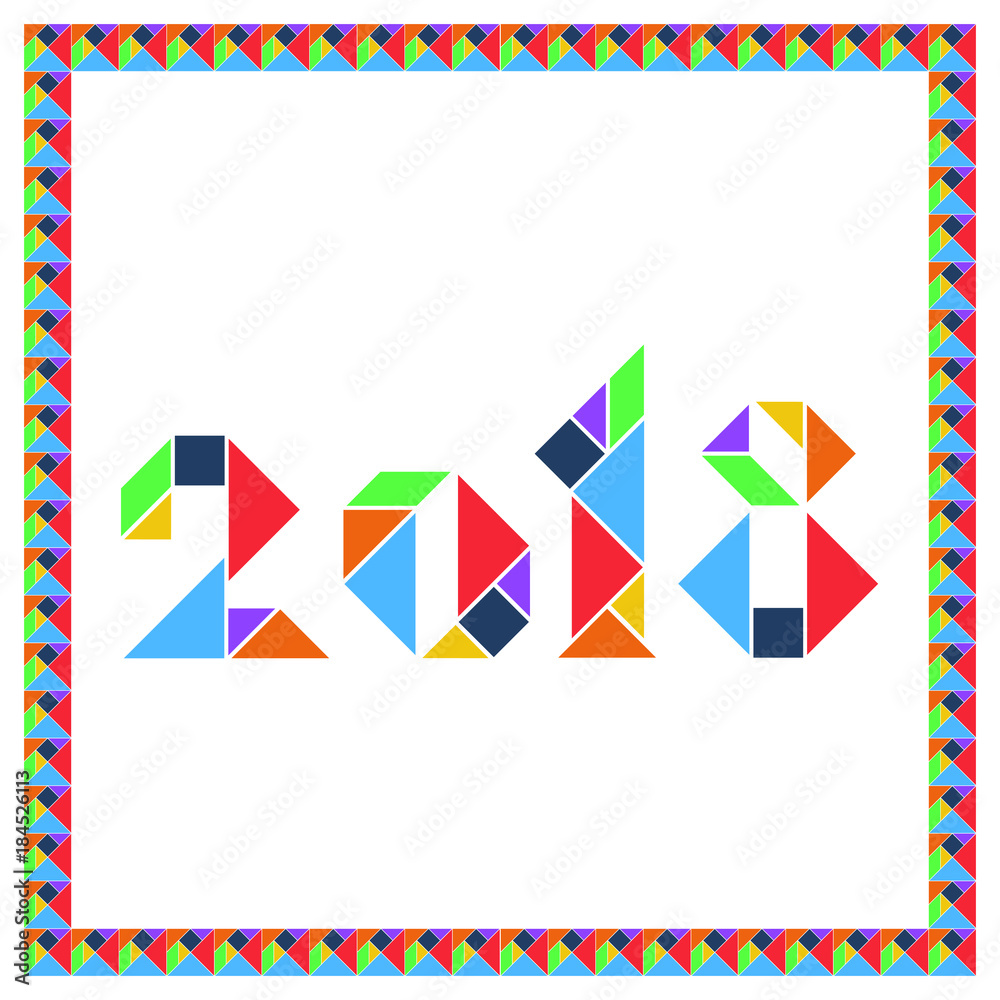 Tangram brain game Happy New Year 2018 posrcard flat UI color isolated on white background vector illustration