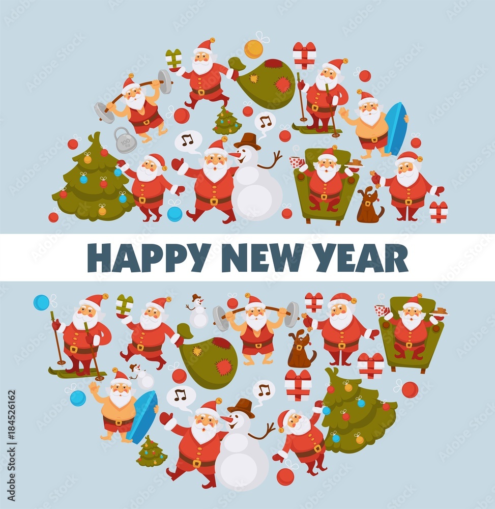 Happy New Year cartoon Santa celebrating holidays or having leisure summer fun icons for greeting card design.