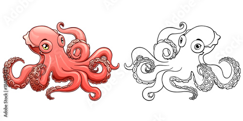 The lovely pink octopus and black contour line on a white background isolated. Marine cephalopod animal. Vector cartoon illustration. Manual sketch, page coloring book.