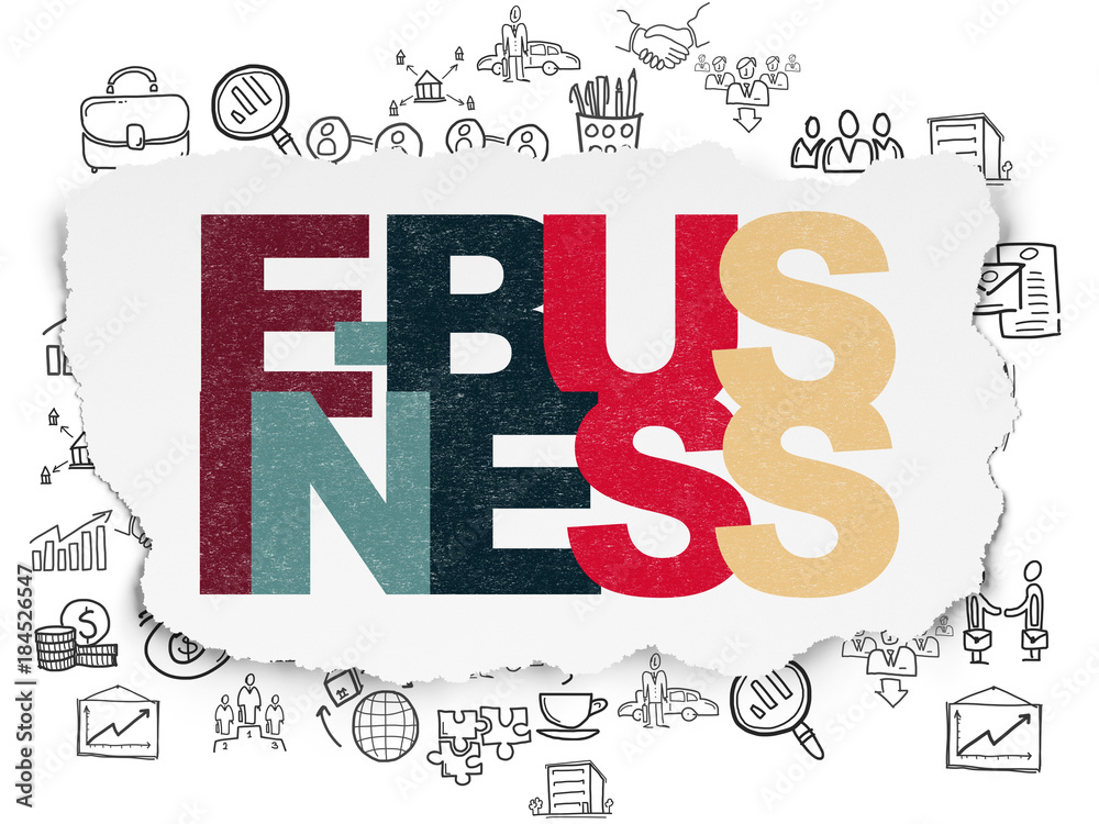 Fototapeta premium Business concept: Painted multicolor text E-business on Torn Paper background with Hand Drawn Business Icons