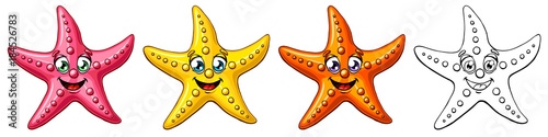 Three cheerful cute starfishes of a pink-red, yellow, orange colors and black contour line on white background. A cartoon vector illustration, page coloring book.