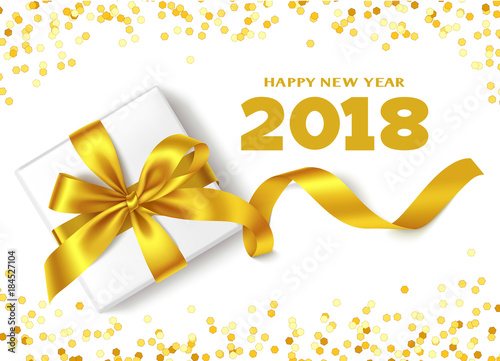 Happy New Year 2018.Decorative New Year background with gift box, golden bow, gold confetti and 
2018 greeting text. Winter holiday template design
