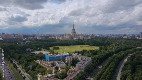 sunny day moscow city famous university park aerial panorama 4k russia
