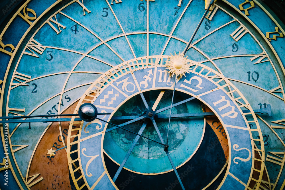 Prague astronomical clock, close up. Czech gothic architecture, famous medieval astrological clock.