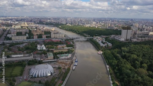 sunny day moscow river cityscape luzniki complex aerial panorama 4k russia
