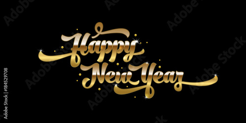 Golden text on black background. Happy New Year lettering for invitation and greeting card, prints and posters. Hand drawn inscription, calligraphic design. Vector illustration