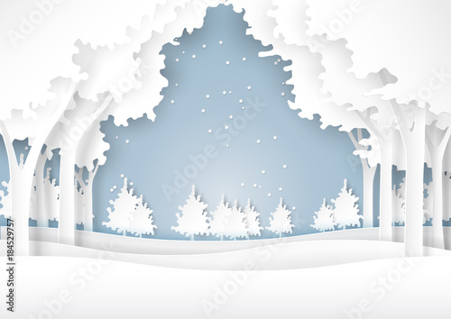 Nature landscape and forest on snow winter background.For merry christmas and happy new year paper art style.Vector illustration.