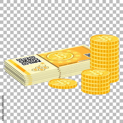Crypto currency bitcoin banknotes and coins
