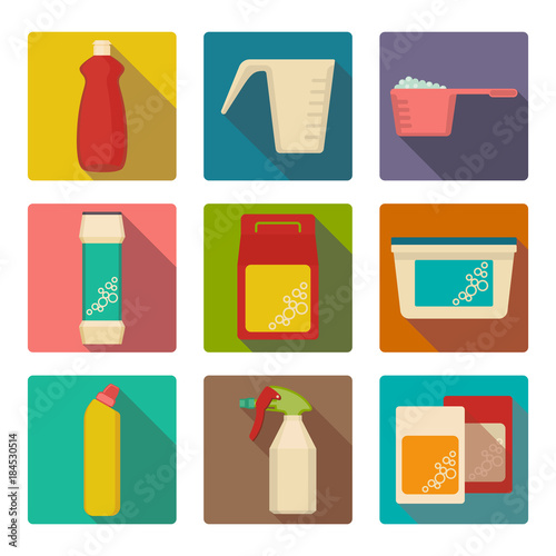 Detergent scoop in plastic containers isolated illustrations set