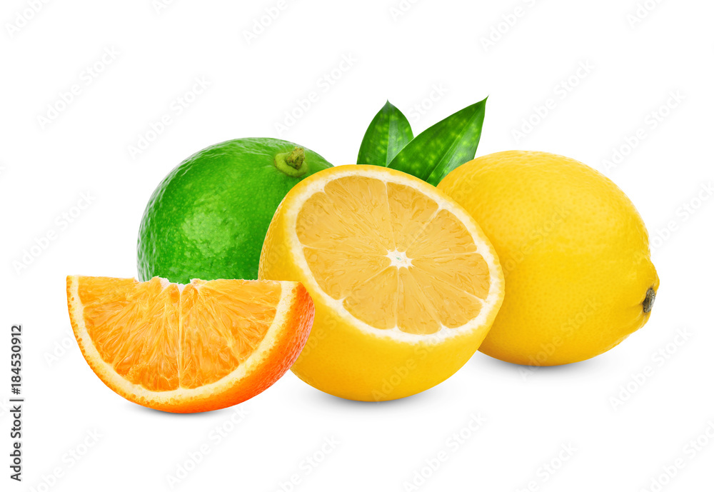 orange, lemon, lime with leaves isolated on white background, citrus fruit composition