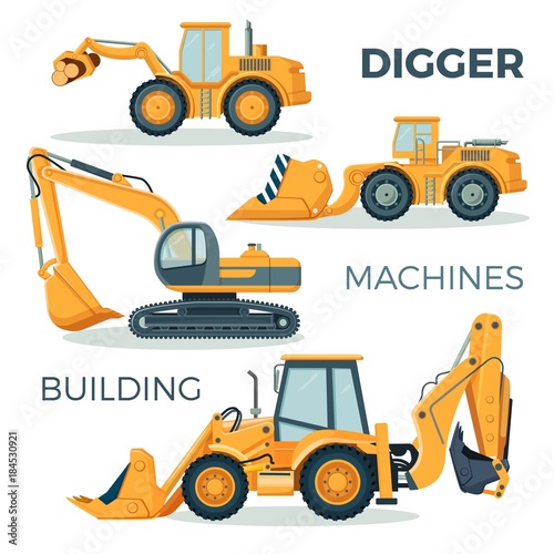 Digger and machines for building isolated cartoon illustration