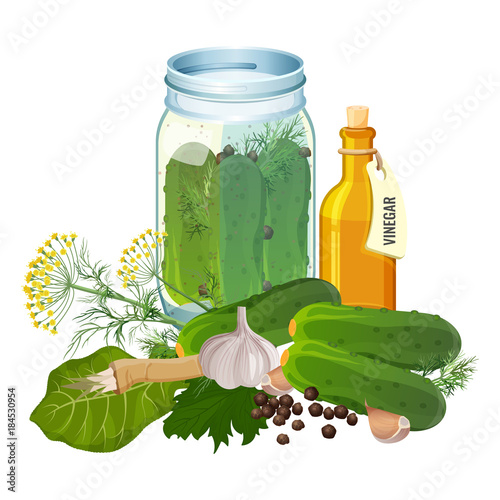 Jar with cucumbers and ingredients for pickles preparation
