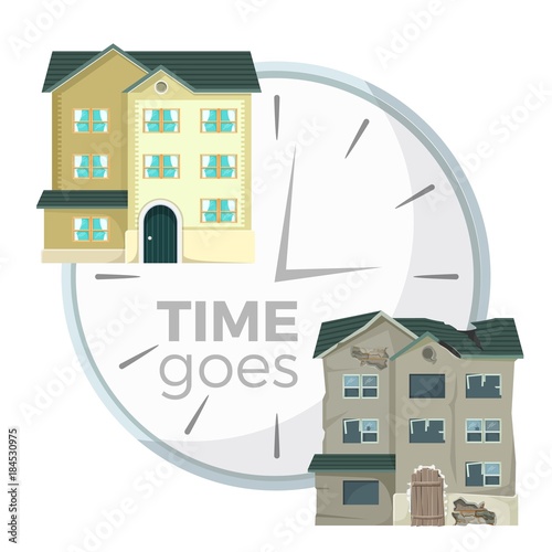 Process of house demolition symbolic illustration with clocks