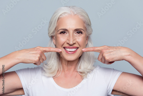 Fotografie, Obraz Concept of having strong healthy straight white teeth at old age