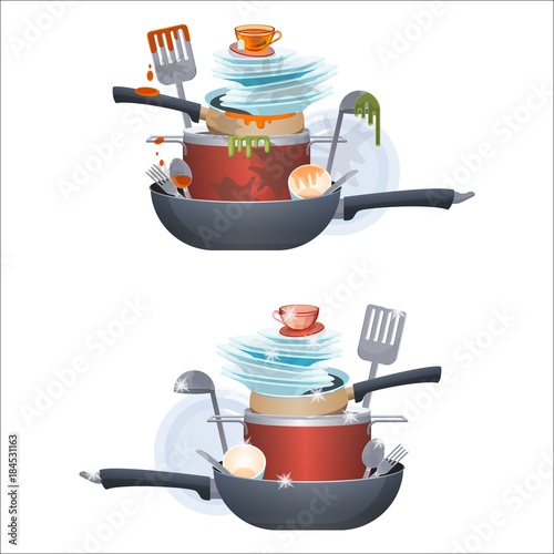 Dirty and clean dishes plates and pans, kitchen cutlery
