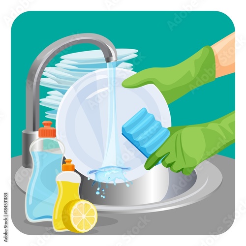Human in rubber protective gloves dishwashing plate with a sponge