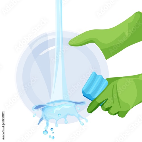Human in rubber protective gloves dishwashing plate with a sponge