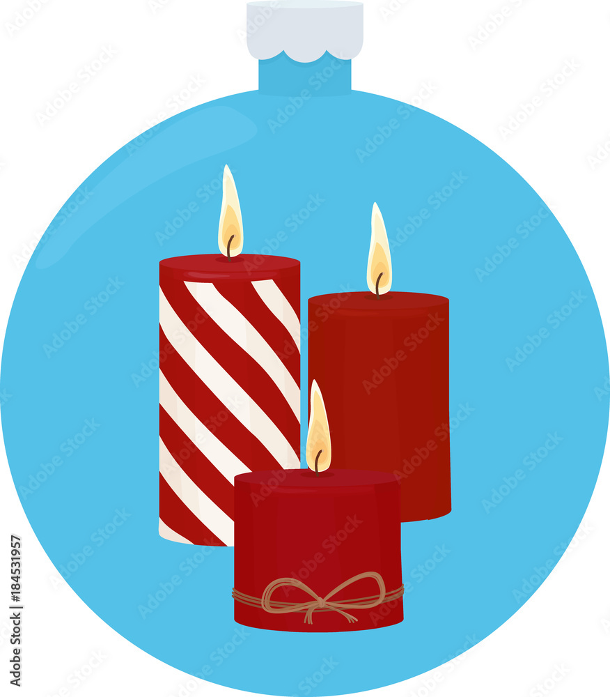 Three red burning candles in blue christmas-tree ball. Three red burning candles in blue christmas-tree ball.