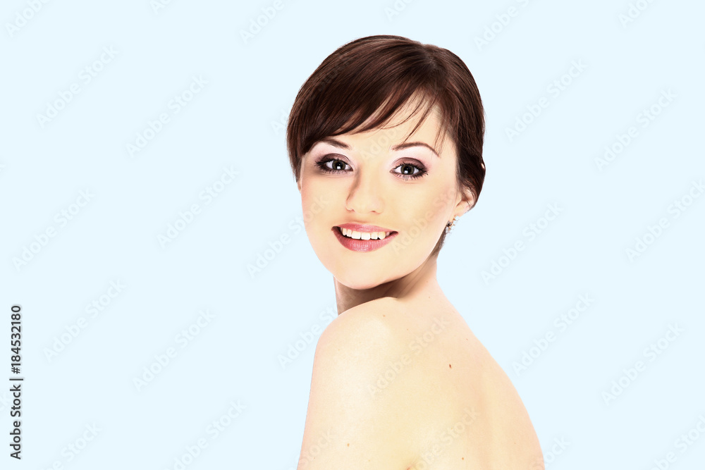 closeup.face of young woman on white background. closeup.face of young woman on white background.