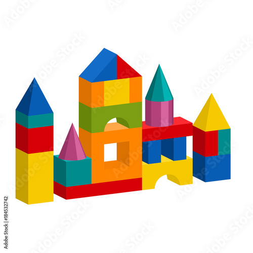 Bright colorful wooden blocks toy. Bricks childrens building tower, castle, house. Vector volume style illustration isolated on white background.