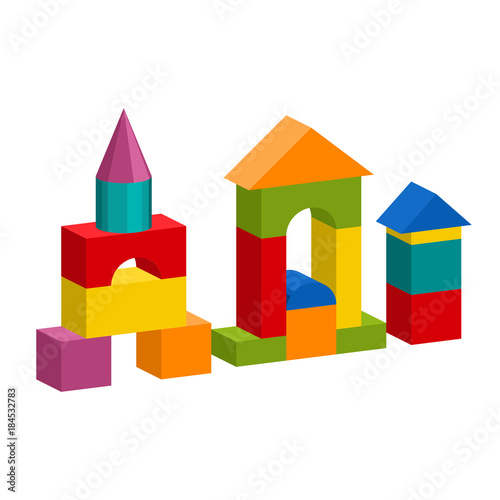 Bright colorful wooden blocks toy. Bricks childrens building tower, castle, house. Vector volume style illustration isolated on white background.