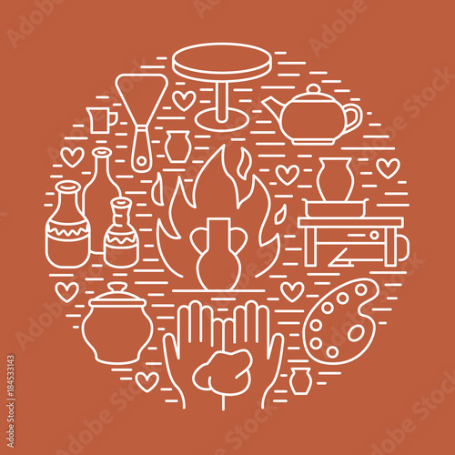 Pottery workshop, ceramics classes banner illustration. Vector line icon of clay studio tools. Hand building, sculpturing equipment. Art shop circle template.