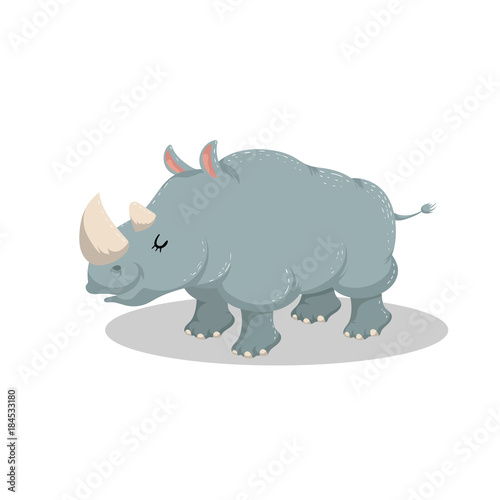 Cute cartoon trendy design cheerful rhino with closed eyes . African or safari animals wildlife vector illustration sticker icon.