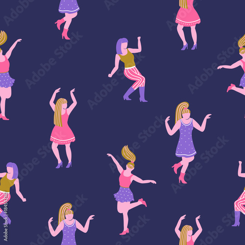 Stylish flat background with dancing girls. Party seamless pattern on the blue background.