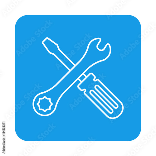 Icono plano linea destornillador y llave en cuadrado azul