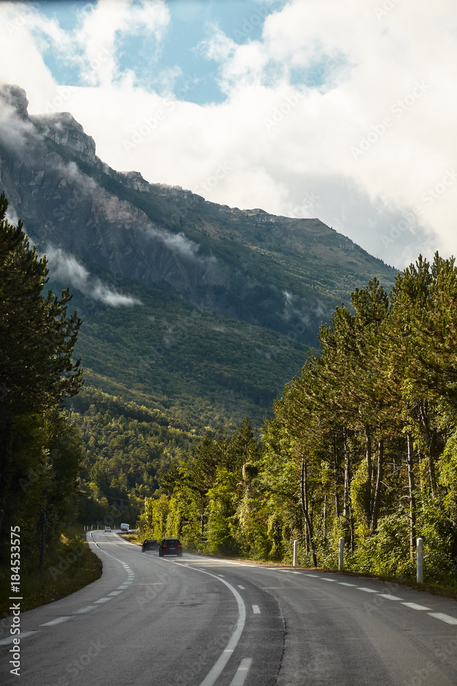 Fototapeta premium Wet road through forrest alongside Mountains