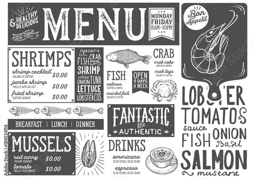Seafood menu restaurant, food template.