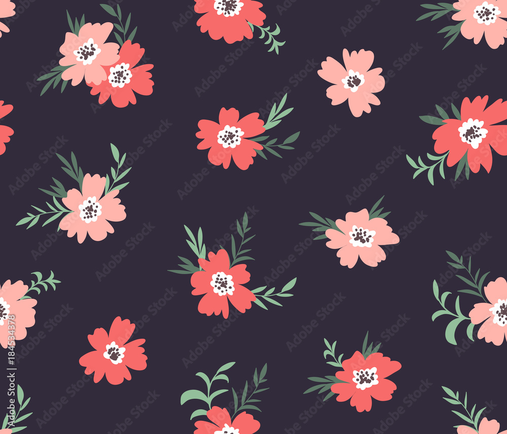 Trendy seamless floral ditsy pattern. Fabric design with simple flowers on the dark background. Vector garden pattern.