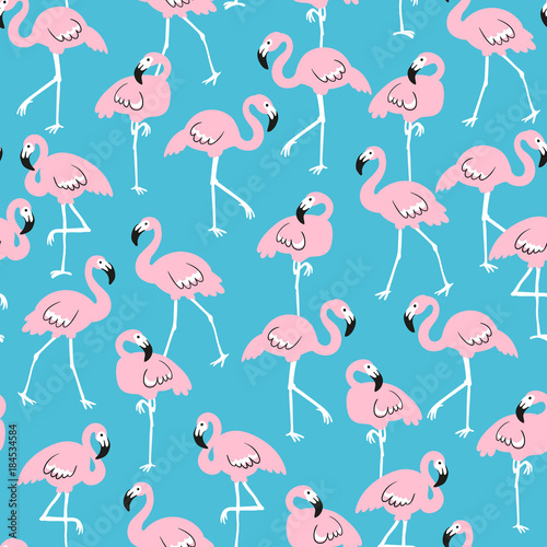 Vector seamless pattern with pink flamingos on the blue background. Hand drawn tropical  design for fabric  wrap paper or wallpaper.