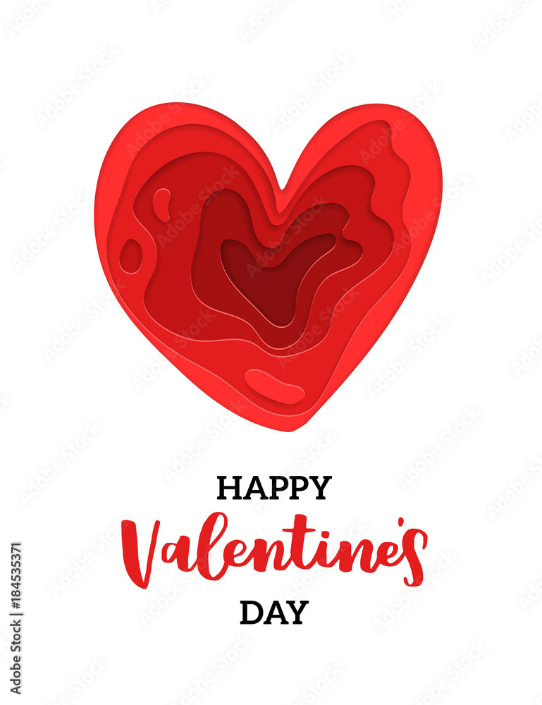Vector greeting card for valenrines day. Modern papercut design. Romantic illustration with cutout multi layers of paper heart and lettering Happy Valentines Day.