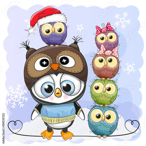 Cute Cartoon Penguin and five Owls