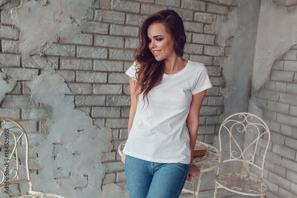 Sexy woman in a white t-shirt. Mock up. Sexy woman in a white t-shirt. Mock up.