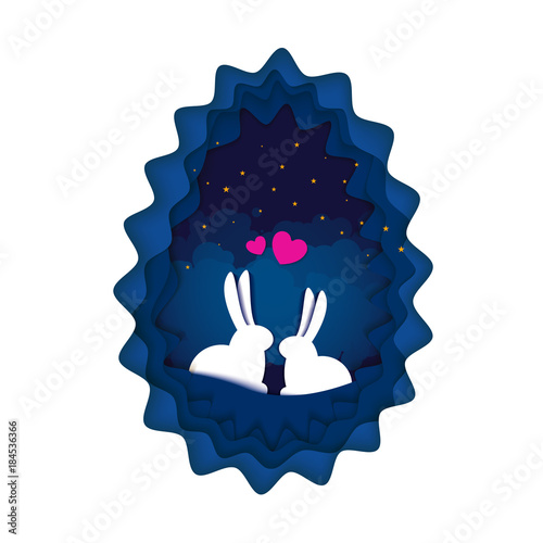 Paper art carve to Couple in love. Two lovely cartoon rabbits. Vector illustration, cute rabbits under light, card concept.